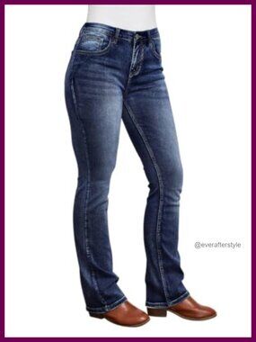 Mid Rise Bootcut Jeans Western Stretchy Straight Leg Denim Pants